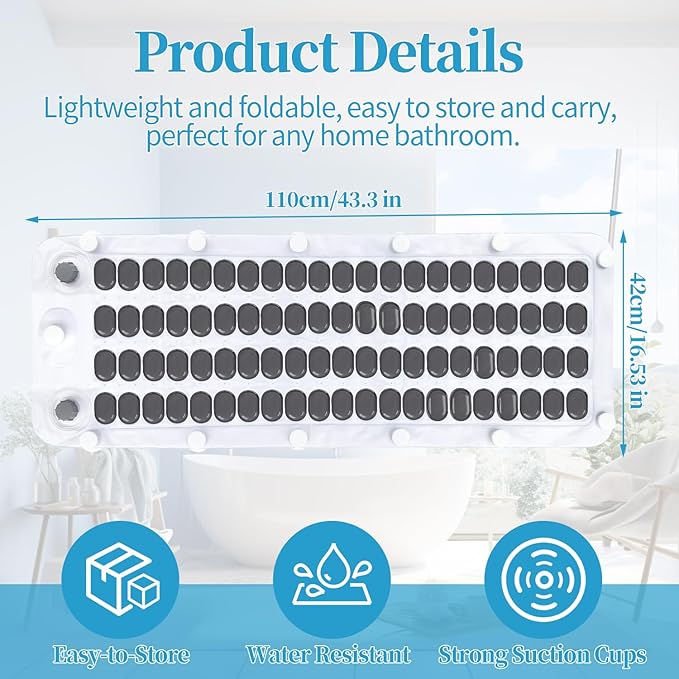 Crossing King Bubble Bath Mat Tub Spa Massager - Spa Mat for Smooth Bathtub, Non-Slip Suction Cups, Upgraded Noise-Reducing Machine, 6-Speed Bubbles, Pillow and Remote for Relaxation, 45*17in (Gray)