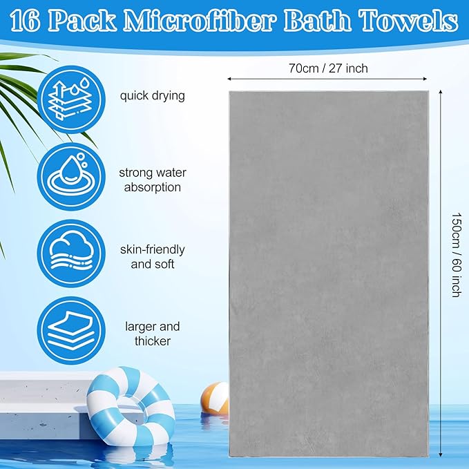 SmoothNovelty 16 Pack Microfiber Bath Towels Bulk 27'' x 60'' Oversized Beach Towel Highly Absorbent Extra Large Soft Drying for Shower Pool Salon Sauna Bathroom Gym Party (Simple,Light Grey)