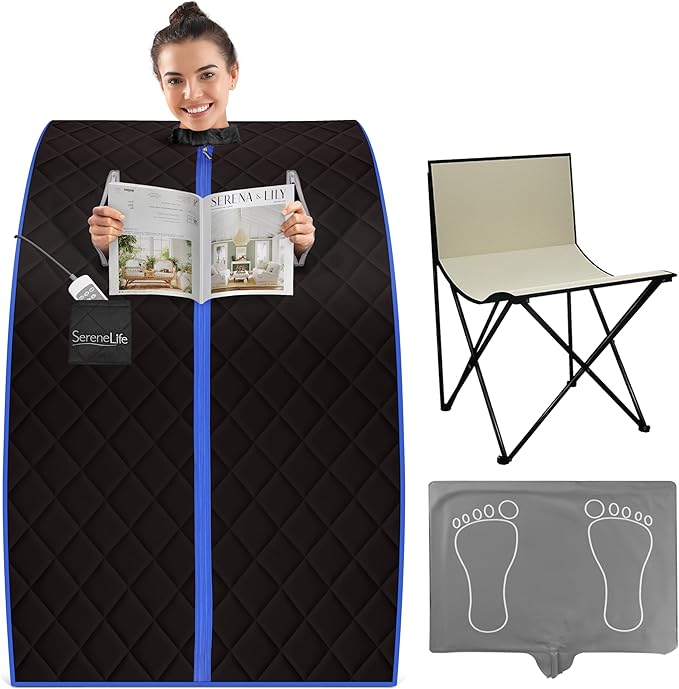 SereneLife Portable Sauna Box for Home, Infrared Sauna Tent with Heated Foot Pad and Folding Chair, Remote Control In-Home Spa, 38" x 32”