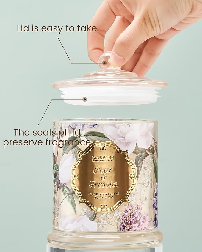 M&SENSE Pear Freesia Spring Natural Soy Wax Candle, 12.7oz 75H Large Jar Slow Burning, Stress Relief Aromatherapy, Romantic Perfect Present for Mom Her