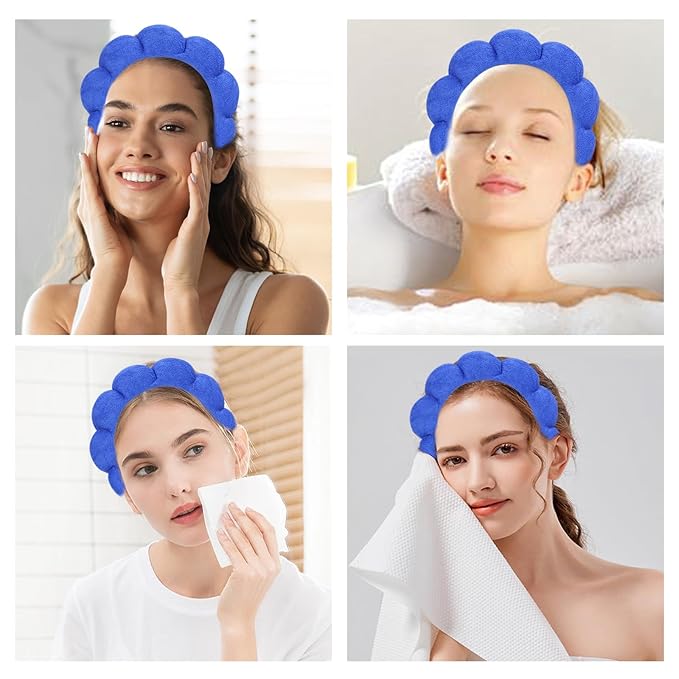 Beleki Spa Headband for Washing Face Wristband Set Sponge Makeup Skincare Face Washing Headband Terry Cloth Bubble Puffy Hairband Non Slip Headwear Hair Accessory for Women - Royal Blue