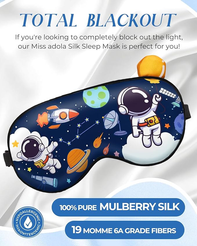 Miss Adola Sleep Mask for Kids - Valentines Gift for Kids Cute Silk Eye Cover for Sleeping Kawaii Soft Eyeshade Animal Eye Blindfold with Adjustable Strap for Boys Teens, Astronaut