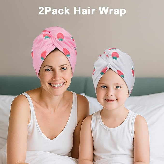 Unicorn Castle Microfiber Hair Towel for Kids 2Pack Hair Wrap Towels Absorbent Hair Drying Towel Wrap Hair Turbans for Curly Thick Hair, Pink White Strawberry