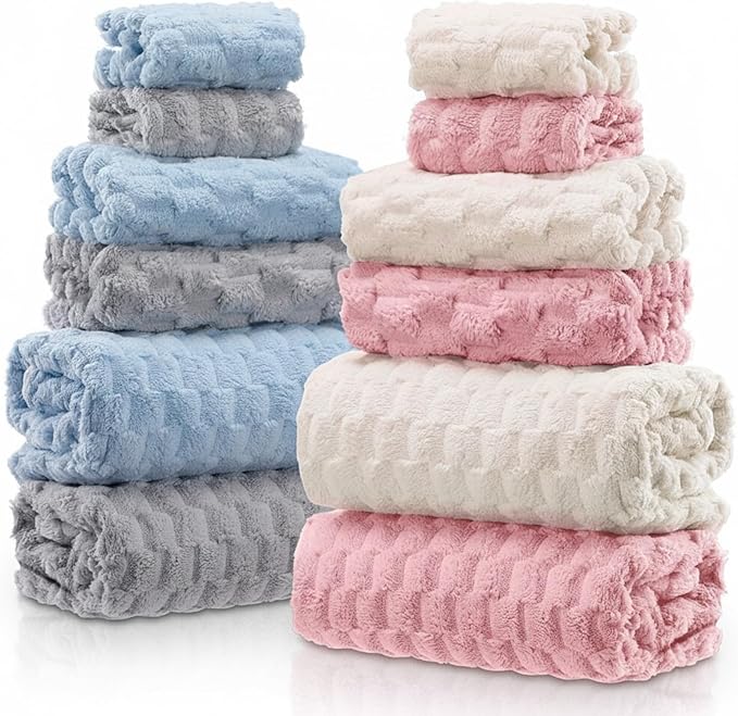 Gilprop 12 Pcs Soft Bath Towels Set for Bathroom Quick Dry, 4 Bath Sheets 4 Hand Towels 4 Washcloth Absorbent Microfiber Fluffy Shower Washcloth for Spa Gym Hotel Travel(Soft Color)