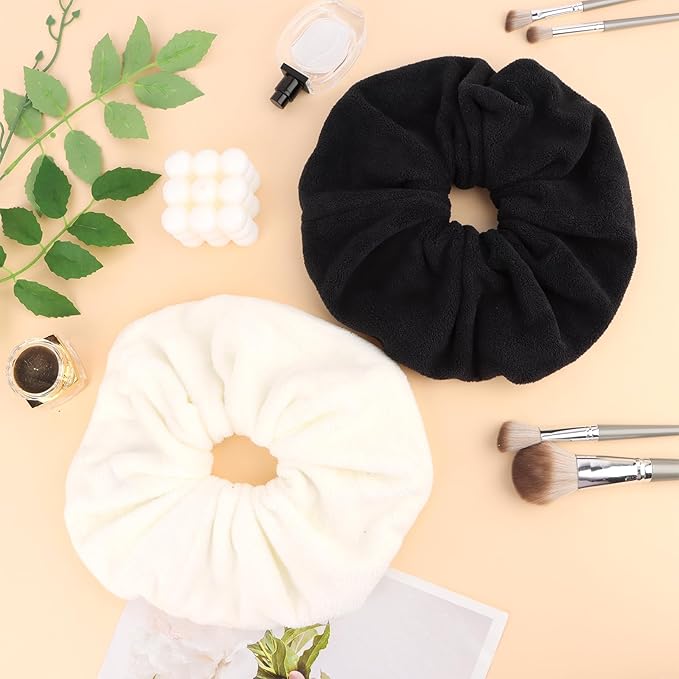 Wecoe Hair Towel Scrunchies 2pcs Soft Absorbent Large Microfiber Hair Drying Scrunchies Thick Fuzzy Scrunchy Ponytail Holder Gifts for Women(Black & White)