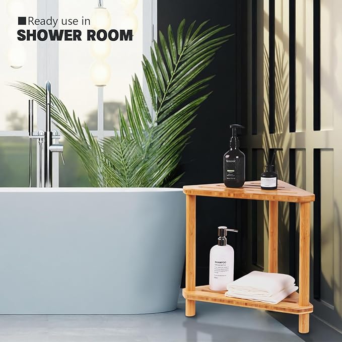 Bamboo 2-Tier Corner Shower Organizer, Waterproof Standing Shower Caddy Storage Shelf, Space-Saving Durable Bathroom Corner Shower Bench for Shampoo Soap Towel, Natural Spa Decor