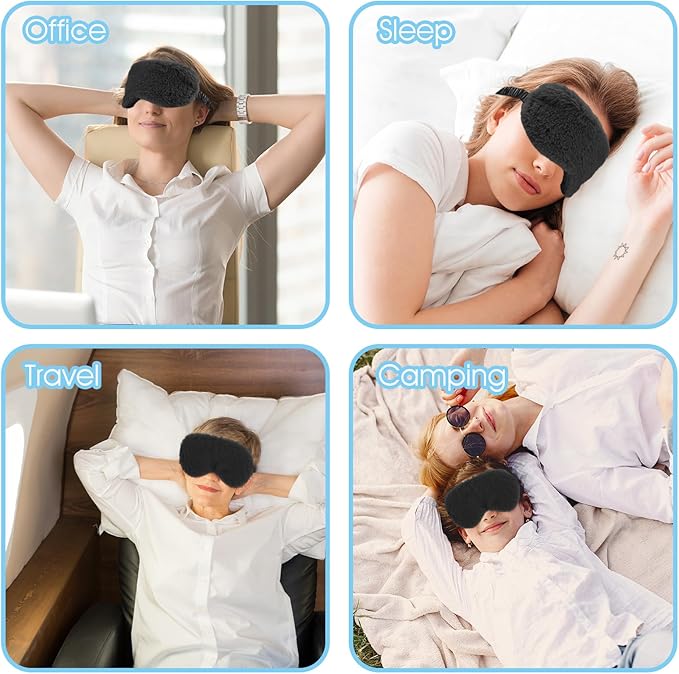 2 Pcs Black Plush Eye Mask Soft Sleeping Blindfold Eye Cover Comfortable Furry Faux Fur Sleeping Mask Satin Nap Night Eyeshade Cover for Women Men Gift
