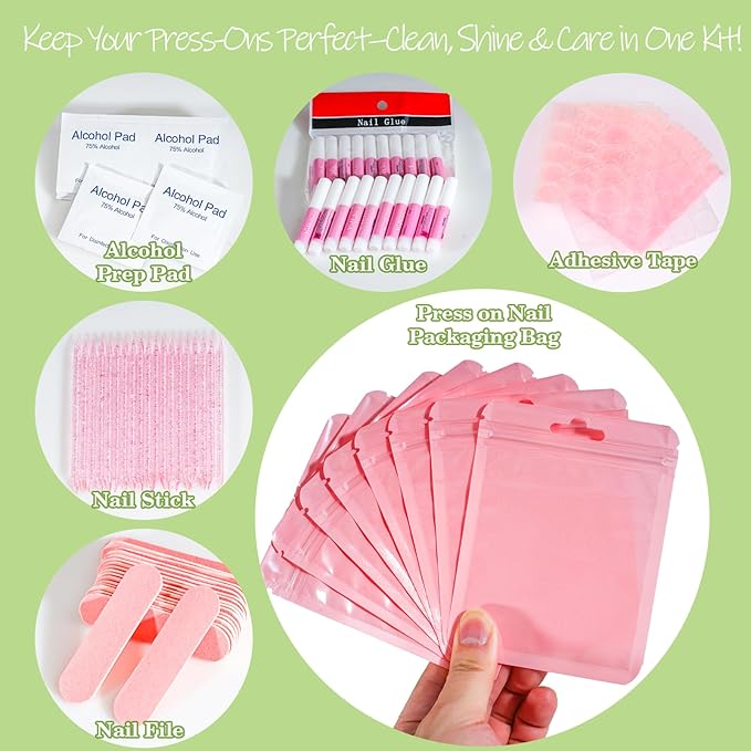 Press On Nail Tool Kit with Everything, Bebbtiy Press On Nail Prep Tool Kit Disposable Manicure Kit with Nail File, Nail Glue, Prep Pads, Adhesive Nail Tabs, Wood Stick, Packaging Bag (50pcs-pink)