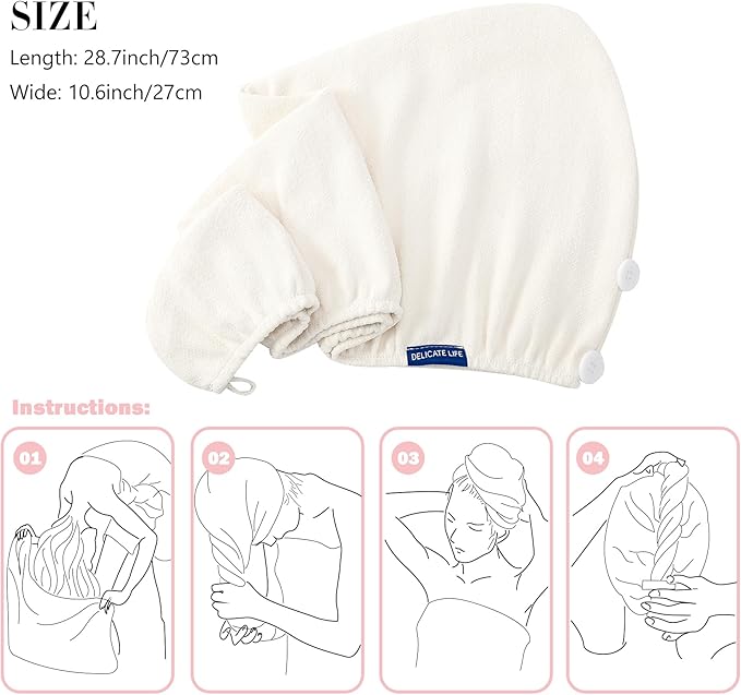 Hair Towel Wrap 2 Pack for Women,Super Absorbent Ant Cloth Fabric Hair Drying Turban Towel, Quick Dry Hair Towels with Buttons for Long Wet Curly Hair(Cream)