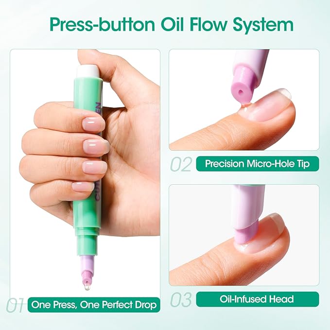 GELLEN 2Pcs Cuticle Pusher Oil Pen - 6ml Large Capacity Nail Oil Pen with Ceramic Cuticle Pusher, One-Click Cuticle Remover Pen for Hands & Feet, Nail Care Pen for Hangnails & Dry & Damaged Nails