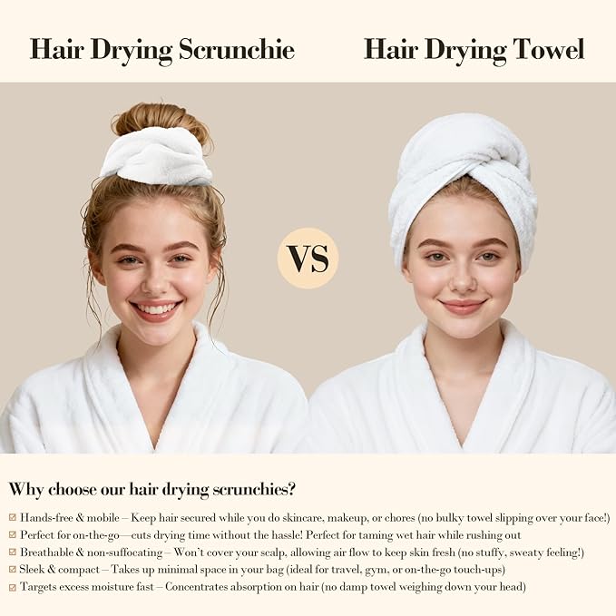 Wecoe Hair Towel Scrunchies 2pcs Soft Absorbent Large Microfiber Hair Drying Scrunchies Thick Fuzzy Scrunchy Ponytail Holder Gifts for Women(Black & White)