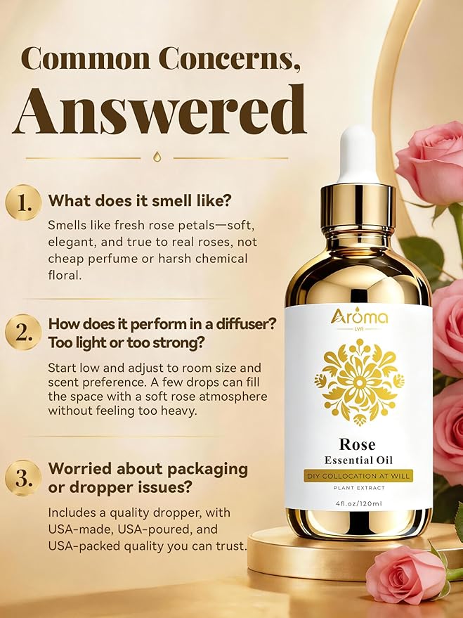 Rose Essential Oil 4 Fl Oz - Made in USA - 100% Pure Essential Oils - Essential Oils for Skin - Brighten the Skin Tone - Diffuser Oil Gifts for Women