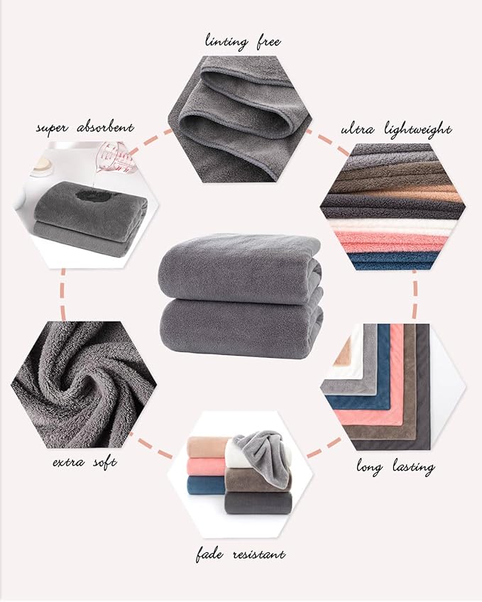 Lumimi Towels 2 Piece Soft Microfiber Bath Towel Set Salon Gym Yoga Travel Super Absorbent Lightweight Quick Dry and Durable, 55" L x 27" W, 2 Pack Dark Grey