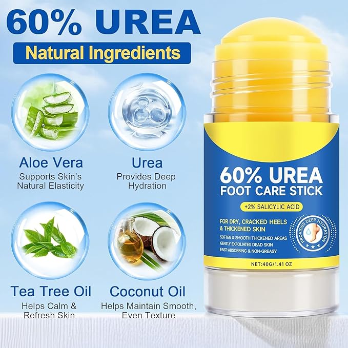 60% Urea Cream Stick with 2% Salicylic Acid, Maximum Strength Foot Care Balm, Callus Remover & Exfoliating Moisturizer for Dry Cracked Feet, Heels, Hands, Knees Elbow & Skin
