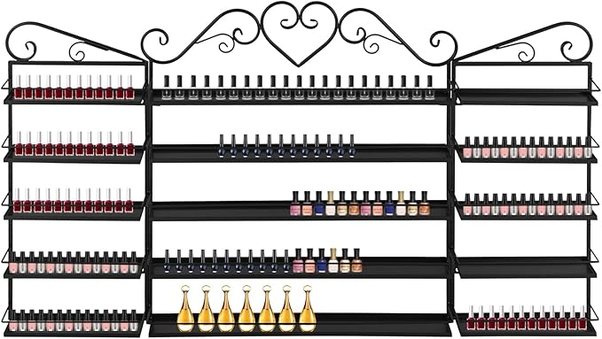 5 Tiers Wall-Mounted Nail Polish Storage Rack,Nail Polish Bottle Holder, 200 Bottles Organizer Shelf, with Lipstick Perfume Shelf for Home Spa Nail Salon Shop(Black)