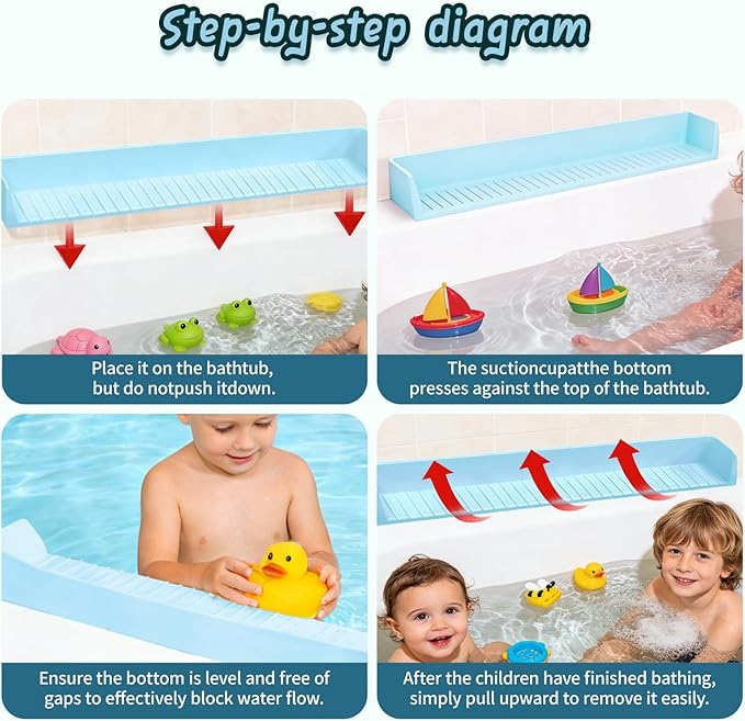 Bathtub Splash Guard for tub Kids& Bath Shelf for Kids – Toddler Bath Tray, Bath Toys Storage & Ledge Organizer – Splash Guard for Bathtub with Suction Cups – Kids Bathroom Accessories(2.6FT, Blue)