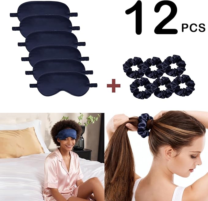 12Pcs Silk Sleep Masks Satin Eye Mask Silky Eyes Cover Blindfold Eyeshade Hair Ties Scrunchy Travel Bridesmaids Gifts