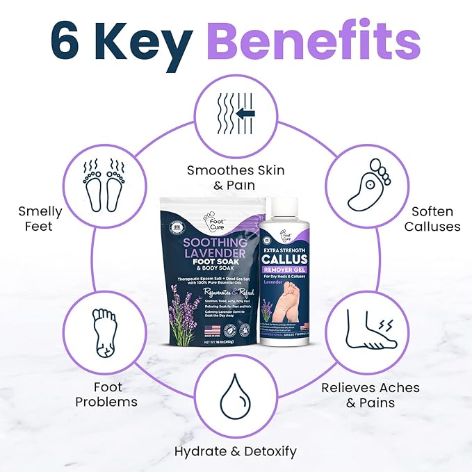 Lavender Foot Soak & Callus Remover Gel Kit - Extra Strength Callus Remover Gel for Feet, Remove Calluses with Epsom Salts, Dry Cracked Heels & Foot Odor, at Home Pedicure - Foot Care for Tired Feet