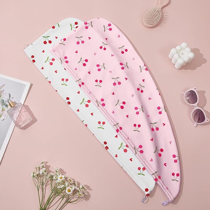 Unicorn Castle Microfiber Hair Towel for Kids 2Pack Hair Wrap Towels Absorbent Hair Drying Towel Wrap Hair Turbans for Curly Thick Hair, Pink White Cherry