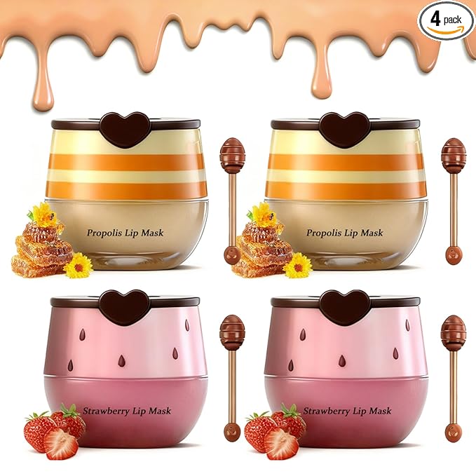 4PCS Strawberry & Bee Lip Balm Honey Pot, Vitamin E & Moisturizing Propolis Sleeping Lip Mask, Effective Reduces Lip Lines Prevention Dry and Cracked Scrubs Exfoliator Lip Wrinkle Care Product