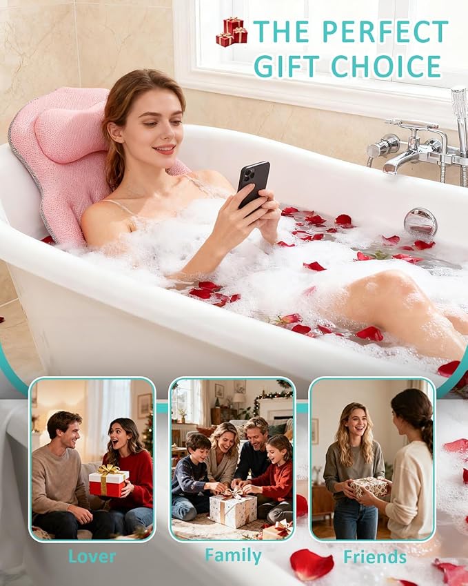 Full Body Bath Pillow for Bathtub, 5D Thick Tub Pillow for Bathtub with 192 Non-Slip Suction Cups, Laundry Bag & Hook, Bathtub Pillow for Head, Neck & Back Support (Pink, 51"*15")