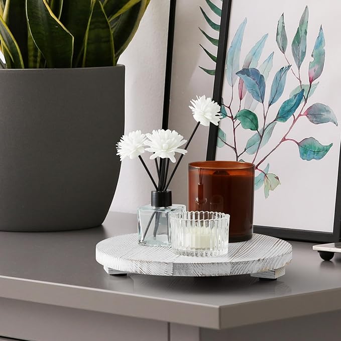 Small Round Decorative Tray White Washed Wood Bathroom Counter Organizer Pedestal Stand Farmhouse Kitchen Decor Wooden Riser for Soap Dish, Perfume, Candle, Sponge, 9"