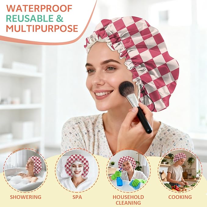 Shower Cap Reusable Double Layer Adjustable Elastic Waterproof EVA Hair Bath Caps for Women Girls Cute Aesthetic-Pink Checkered