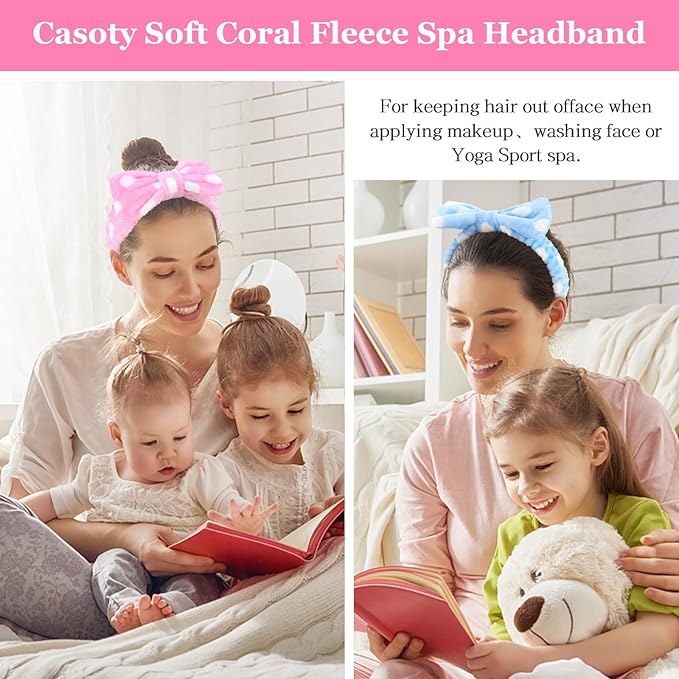 Casoty 10 Pcs Spa Headbands, Makeup Headband for Washing Face, Soft Coral Fleece Headbands for Skincare, Bow Headband for Face Washing Shower Skin Care Yoga