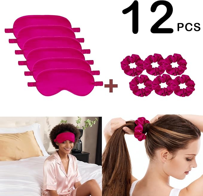 12Pcs Silk Sleep Masks Satin Eye Mask Silky Eyes Cover Blindfold Eyeshade Hair Ties Scrunchy Travel Bridesmaids Gifts