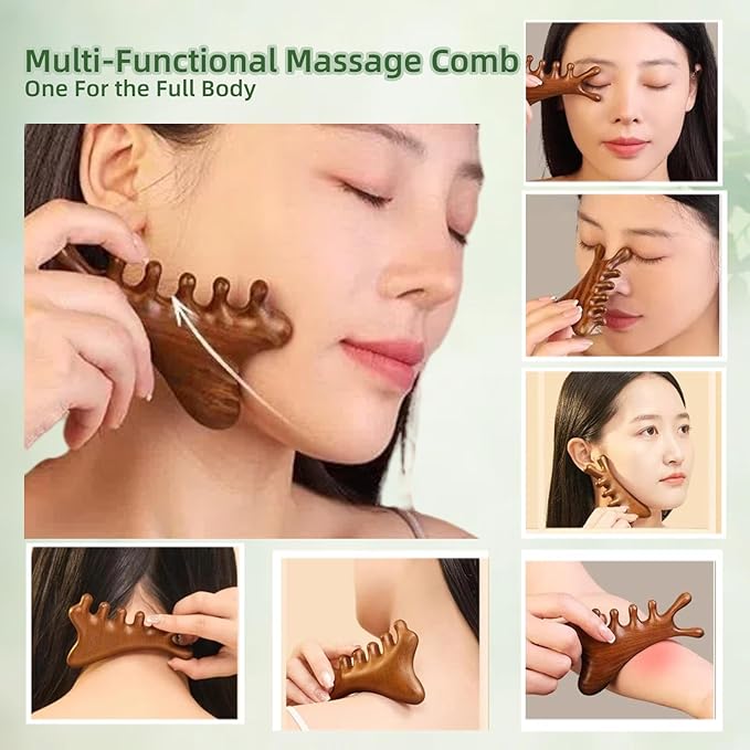 4-in-1 Sandalwood Gua Sha Tool - Valentines Day Gifts for Women, Mom, Wife, Girlfriend | Wooden Scalp & Face Massager for Lymphatic Drainage, Stress Relief | in Floral Gift Box