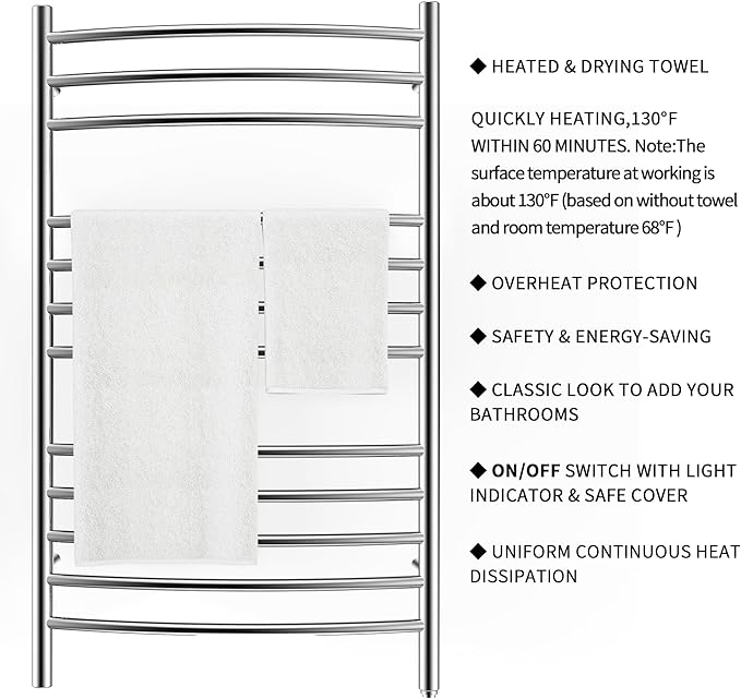 HEATGENE Towel Warmer Wall Mount Electric Plug-in/Hardwired Heated Towel Rack, 4-Supports Mirror Polish