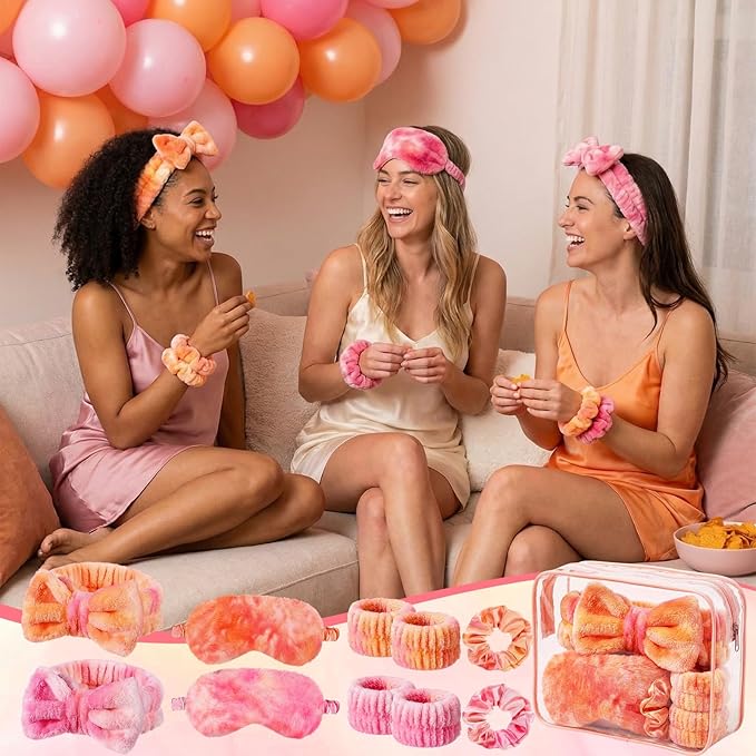 Hoteam 10 Pcs Spa Party Supplies Gift for Mother's Day Sleepover Party Favor Spa Headband Wristband Sleep Eye Mask Velvet Scrunchies for Skin Care Makeup Slumber Night Favor(Tie Dye Orange)