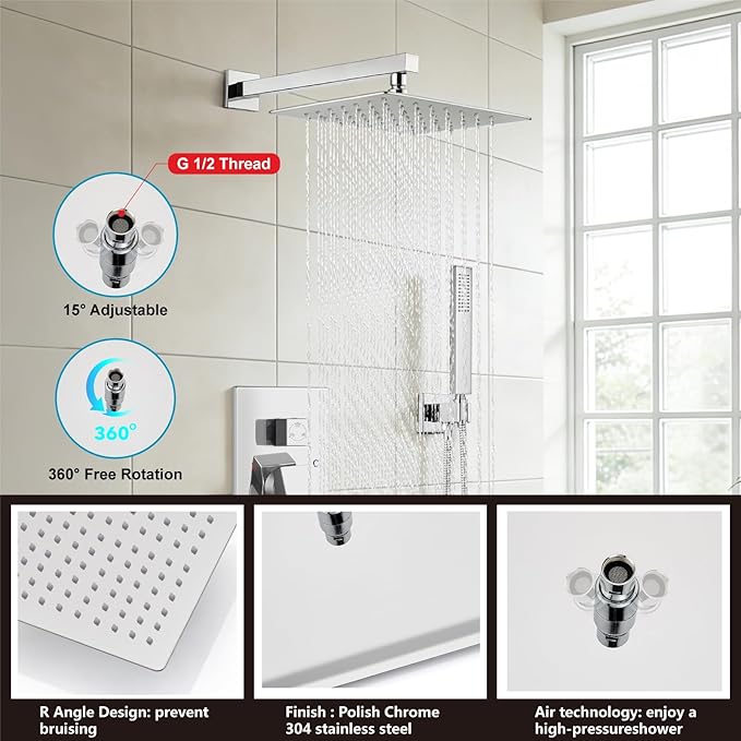 Midanya Shower System with Tub Spout,Bathtub Shower Faucet Set with Square Rainfall Head and Handheld Sprayer Wall Mount Tub Faucet Set with Valve and Trim Kit,10 Inch Polish Chrome
