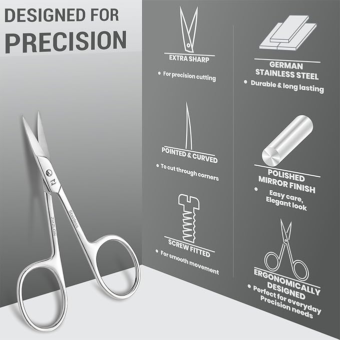 Cuticle Scissors Extra Fine Curved Stainless Steel Eyebrow Scissors, Professional Grooming Scissors for Beard, Nose Hair, Eyelash, Mustache, Dry Skin - Manicure Scissors