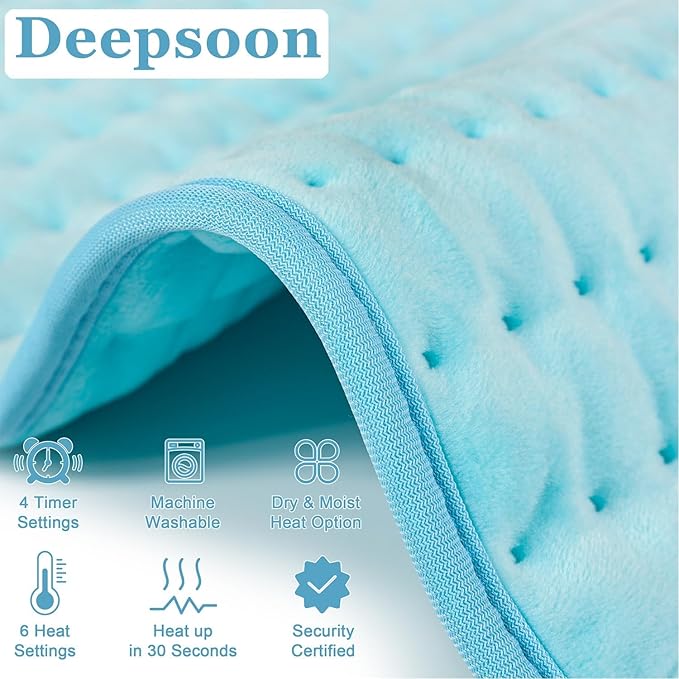 Deepsoon Heating Pad,Electric Heating Pads for Back,Neck,Moist Heating Pad for Abdomen Shoulder Knee Legs,Dry/Moist Heat&Auto Shut Off,Mother's Day Birthday for Men and Women,Light Blue,24x20 Inch