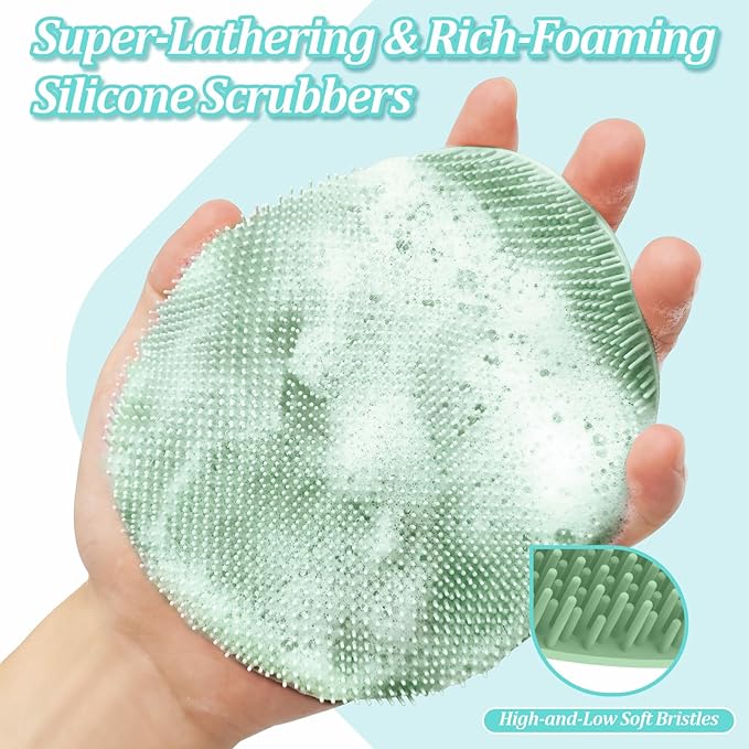 New Silicone Shower Scrubber with Straps, 360° Anti-Slip & Enlarged Body Scrubber for Rich Foaming Deep Cleaning, Revolutionary No-Grip & Hand-fit Bath Glove for All Skin Types(Black+Green)