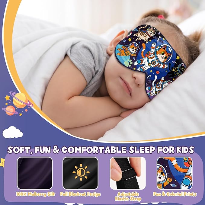 Silk Kids Sleep Mask: 100% Mulberry Silk Eye Mask, Sleeping Masks with Adjustable Strap, Soft & Light-Blocking Printed Kid Eye Cover for Boys Girls Teens Aged 5-15 (Space Cat Theme)