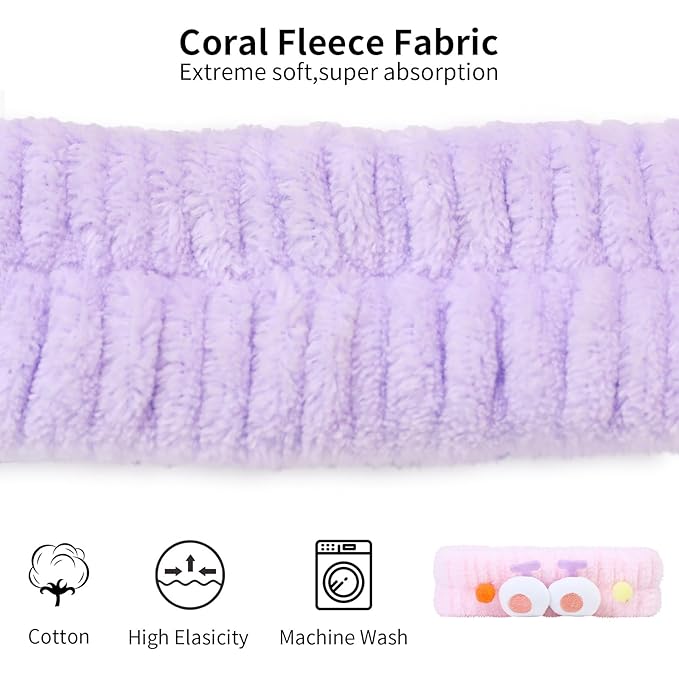 Spa Headband for Washing Face, 2 Pack Cute Hair Band for Shower Yoga Beauty Skincare, Fluffy Makeup Headband, Kawaii Facial Headbands for Woman Girls, Purple+Pink Pompon
