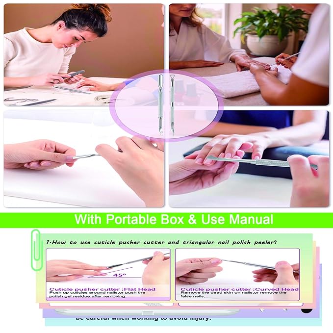 Premium Cuticle Pusher and Gel Polish Remover Set with Nail Files, Professional Grade Stainless Steel Cuticle Remover, Durable Pedicure Manicure Tools Nail Care Kit for Fingernails Toenails Silver