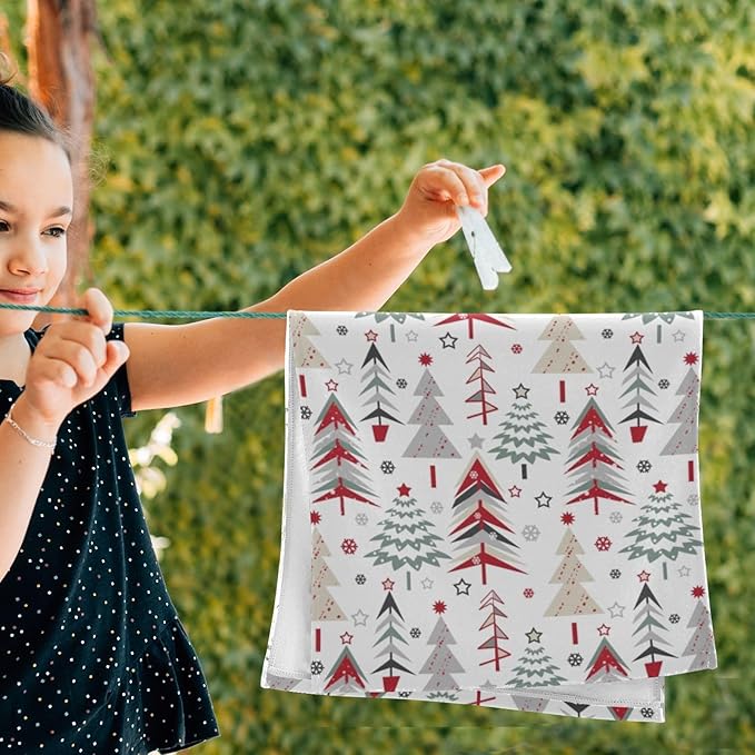 Red Green Grey Christmas Xmas Tree Hand Towels for Bathroom Set of 2,Winter Snowflake Stars Decorative Bathroom Towels for Bath,Face,Hair,Soft Absorbent Dish Towels for Kitchen Decor 28"x14"