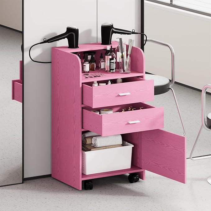 4ever2buy Salon Station for Hair Stylist, Pink Beauty Barber Station, Salon Trolley Cart with Wheels, Mobile Organizer for Salon, Spa, Barbershop, Nail & Beauty Tools, Pink