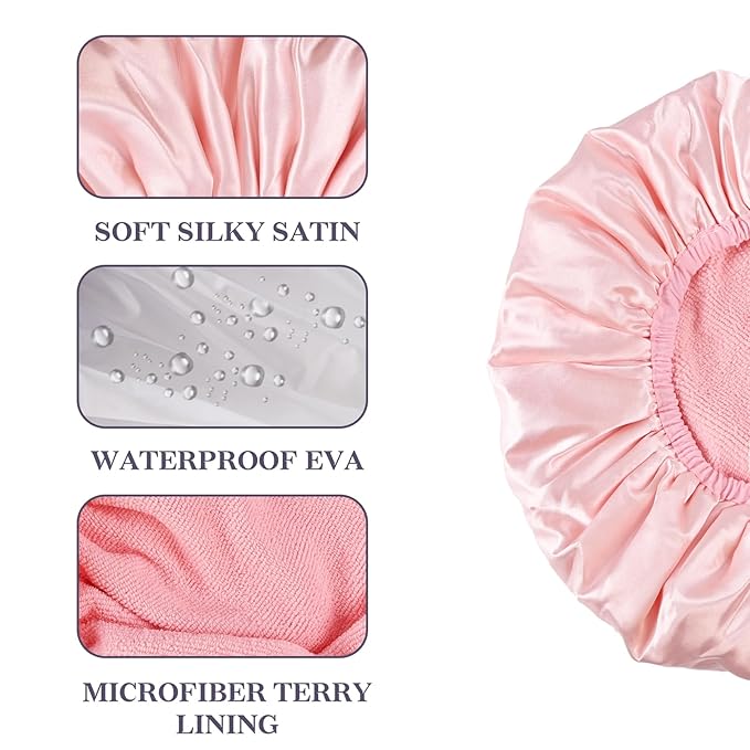 Three-Layer Terry Cloth Lined Satin Shower Cap, with Silk Hair Ties, Microfiber Waterproof Reusable Large Size Shower Cap for Women Long Thick Hair (Pink)