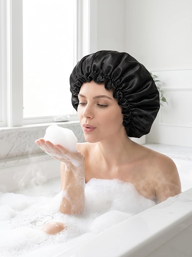 Aquior Shower Caps, Reusable Shower Cap for Women, Double Layer Waterproof Hair Cap, Large Size for All Hair Lengths,for Girls Spa Home Salon Use (Black)