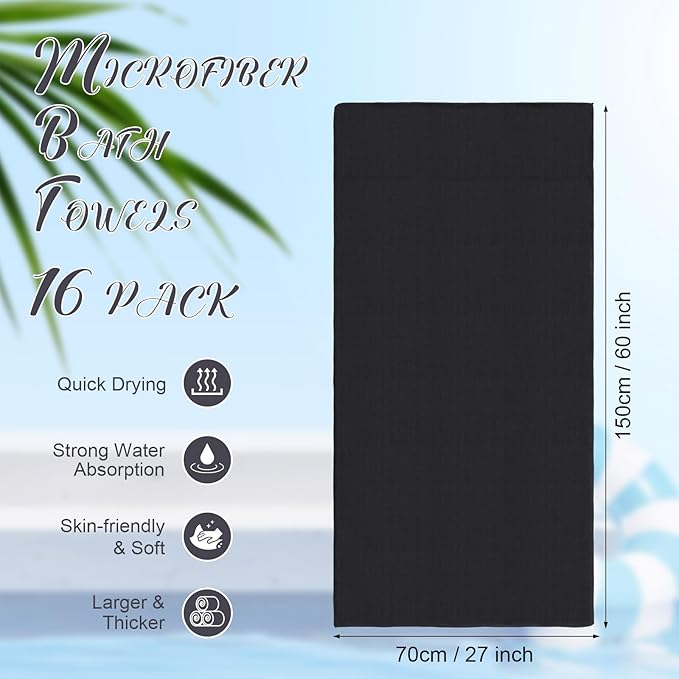 SmoothNovelty 16 Pack Microfiber Bath Towels Bulk 27'' x 60'' Oversized Beach Towel Highly Absorbent Extra Large Soft Drying for Shower Pool Salon Sauna Bathroom Gym Party (Simple,Black)
