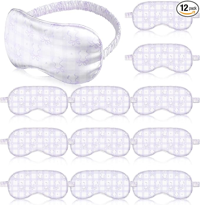 Honeydak 12 Pcs Silk Sleep Masks for Women Girls Purple Bow Party Favors Adjustable Eye Masks for Birthday Sleepover Spa Sweet 16 Party Gifts