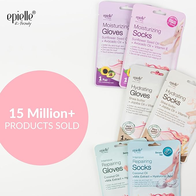 Epielle Moisturizing Hand & Foot Masks, Soften Dry Skin with Sunflower Seed Oil & Vitamin E, Self Care Gifts for Women, Spa Kit, Mothers Day Gifts, 6 Moisturizing Gloves & 6 Moisturizing Socks