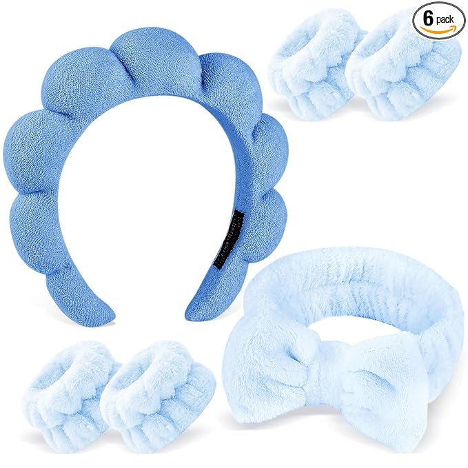 Zkptops 6Pcs Spa Headband for Washing Face Wristbands Set Women Bubble Makeup Sponge Terry Cloth Padded Puffy Skincare Headband Bow Tie Hairband Cute Non Slip Thick Hair Accessory Gifts (Dark Blue)