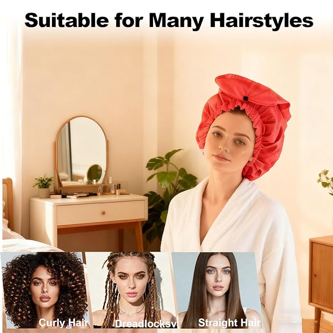 ELEBOX Extra Large Shower Cap for Braids/Curly Hair/Dreadlock | Reusable Waterproof Long Bonnets for Women Bath/Swim/Cooking/Cleaning/Spa | XL Bathing Cap with Adjustable Drawstring & Button, Red