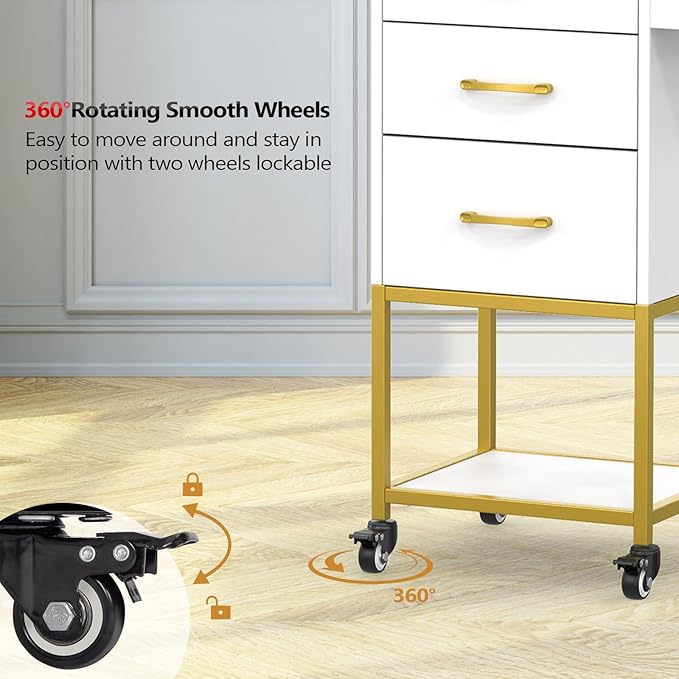 OmySalon Salon Storage Trolley Cart, White Gold Salon Station for Stylist, Beauty Wooden Hair Cabinet with Dryer Holder & Drawer, Hairdressing Tools Organizer Equipment for Spa Barbershop