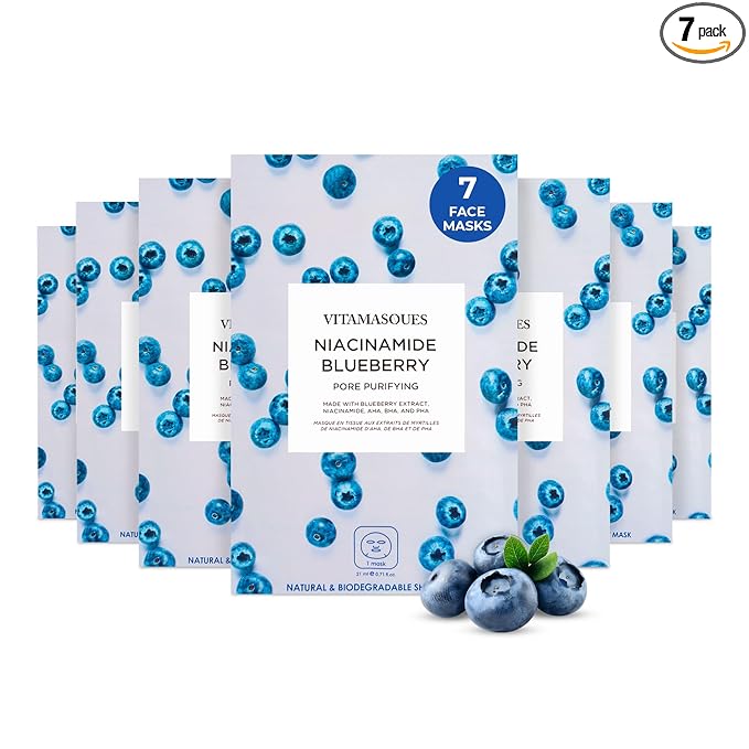 Vitamasques Niacinamide Blueberry Face Sheet Mask 7 Pack - Pore Purifying Korean Skin Care Sheet Face Mask Improves Uneven Skin Tone & Reduces Blemishes